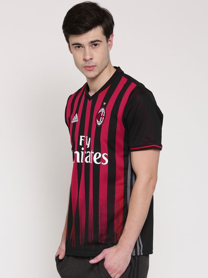 Adidas Men Black Red AC Milan H Striped V Neck Jersey Football T shirt