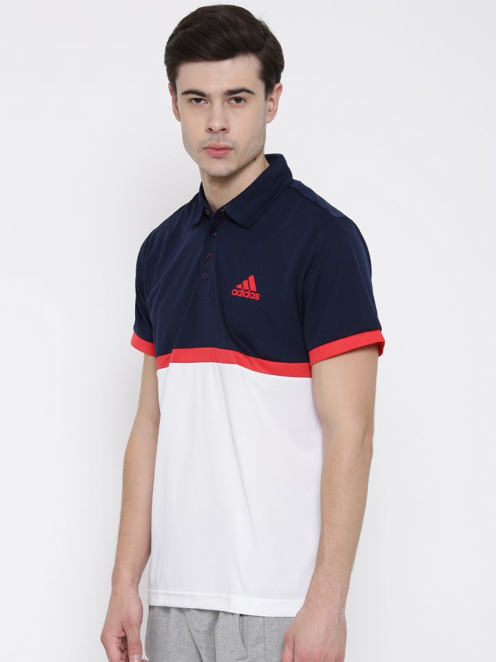 ADIDAS Men White & Navy Court Colourblocked Tennis Polo Collar T-Shirt