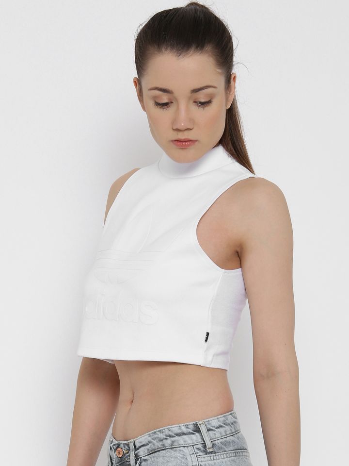 ADIDAS Originals Women White High Neck Printed Crop Top