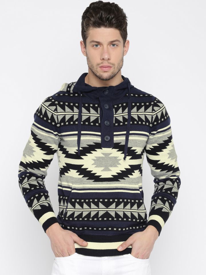 Buy ALCOTT Men Navy Grey Self Design Hooded Sweater