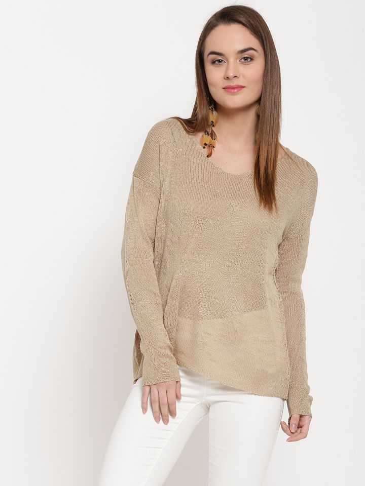 Buy FOREVER 21 Women Beige Solid Semi Sheer Sweater
