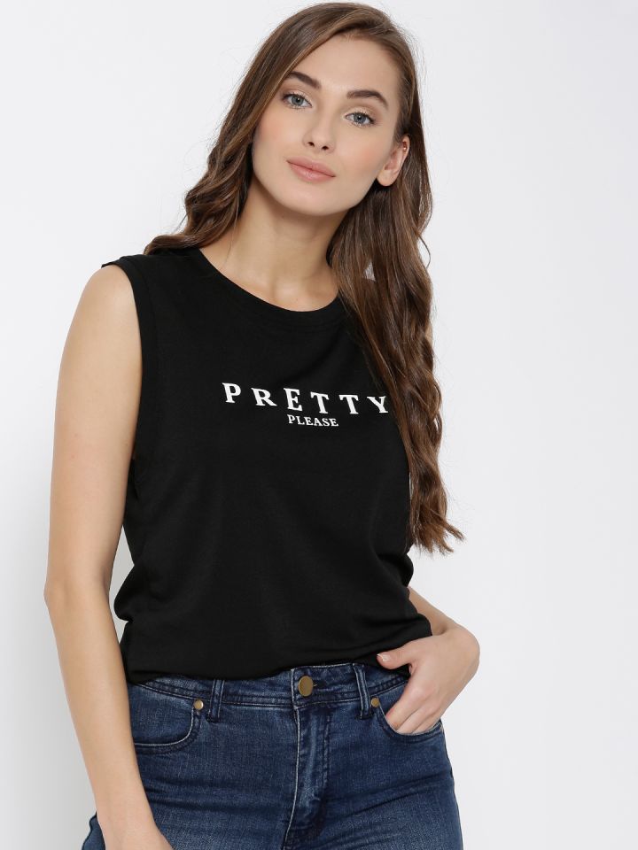 FOREVER 21 Women Black Printed Round Neck Sleeveless T Shirt