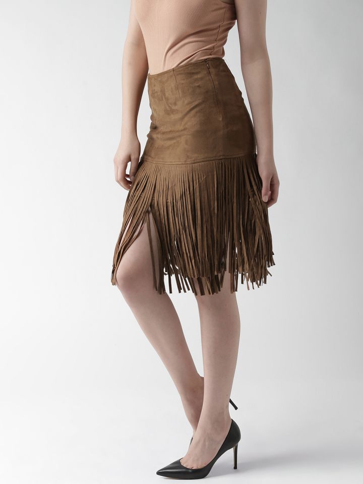 FOREVER 21 Women Brown Velvet Finish Fringed Pencil Skirt