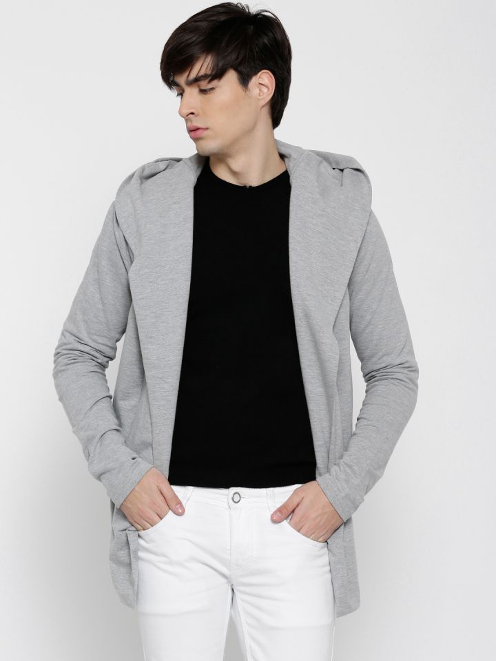 Buy Tinted Men Grey Melange Solid Front Open Hooded Cardigan