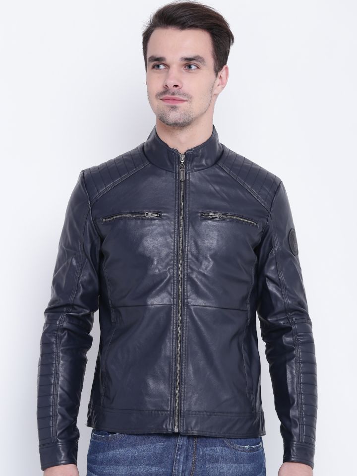 Buy U.S. Polo Assn. Denim Co. Men Navy Blue Solid Biker Jacket