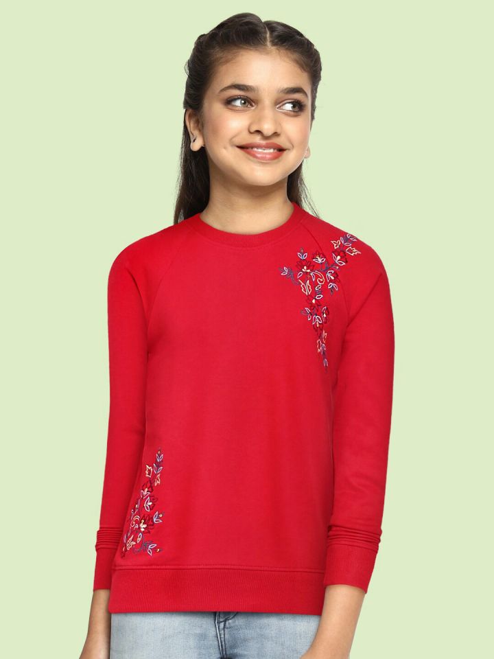 Buy Global Desi Girls Red Embroidered Sweatshirt Sweatshirts for