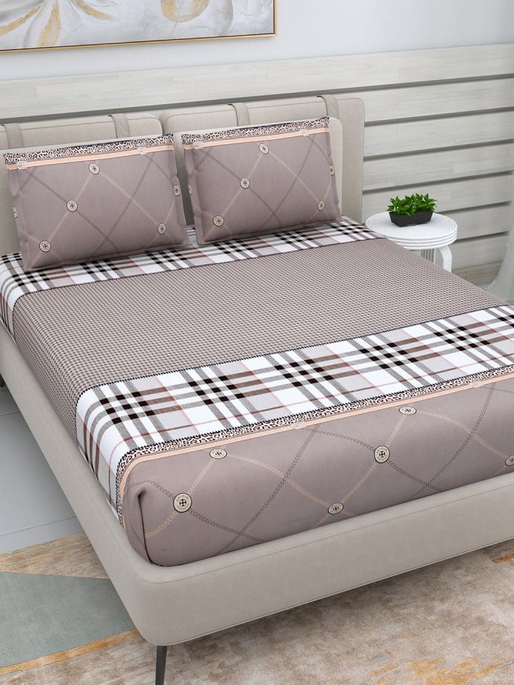 Buy Beige Checked 220 TC Glazed Cotton King Bedsheet With 2 Pillow