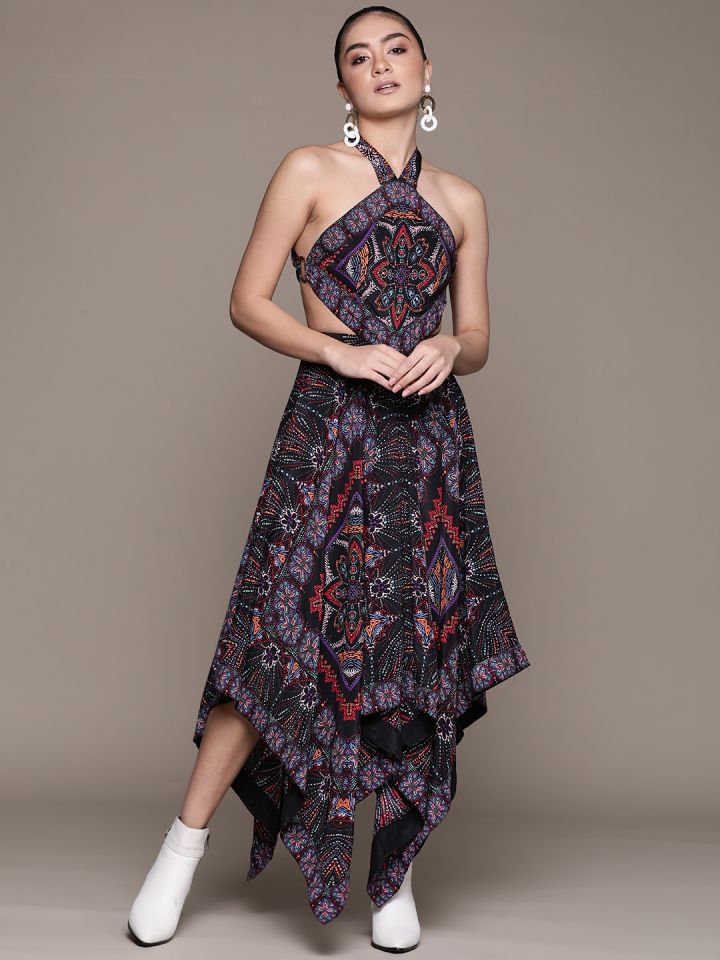 Label Ritu Kumar Black Blue Ethnic Print Tie Up Asymmetric Maxi