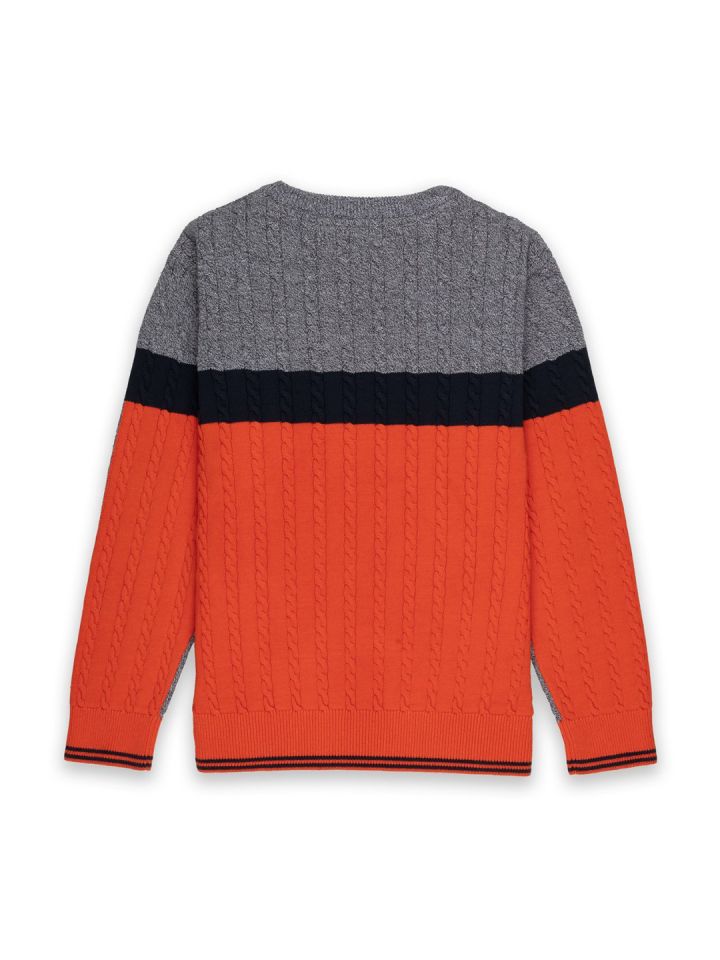 Status Quo Boys Orange Grey Cable Knit Colourblocked Pullover