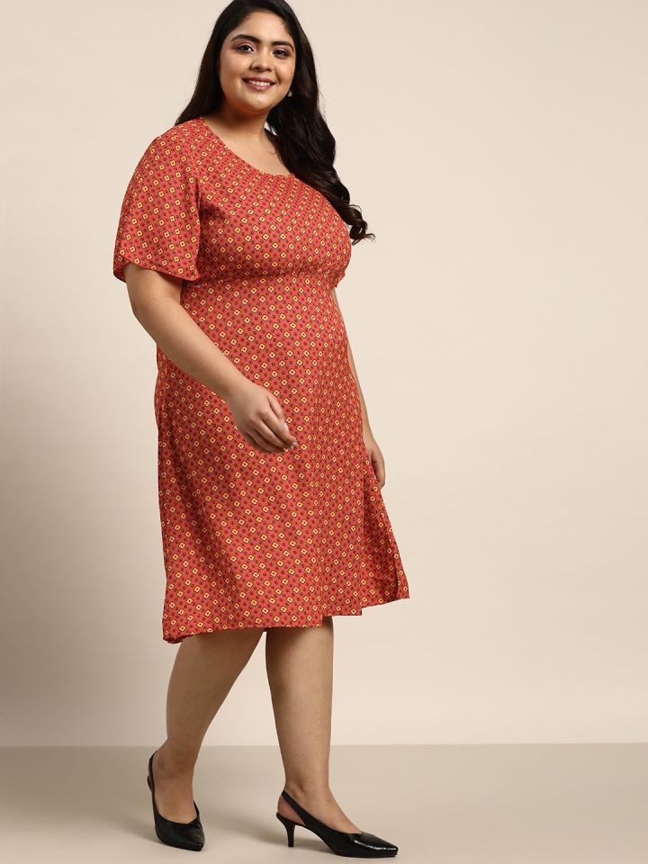 Buy Sztori Women Plus Size Rust Orange Black Ethnic Motifs
