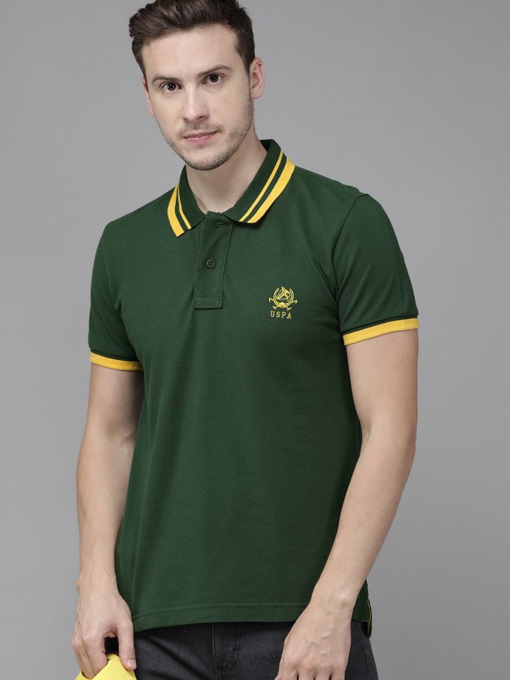 U S Polo Assn Men Olive Green Yellow Polo Collar Slim Fit T shirt