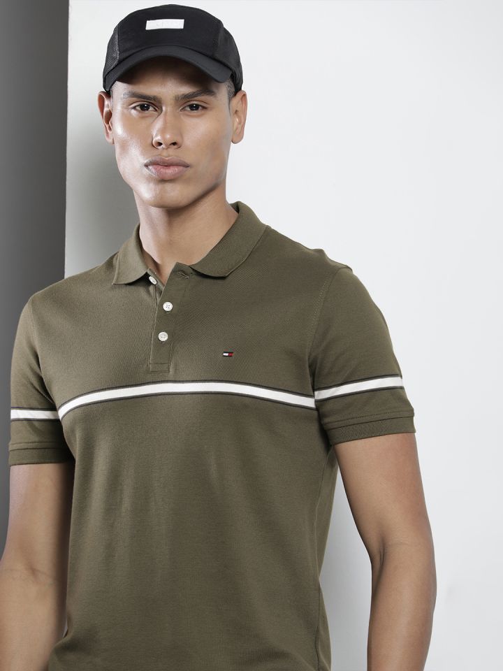 Buy Tommy Hilfiger Men Olive Green Pure Cotton Striped Polo Collar