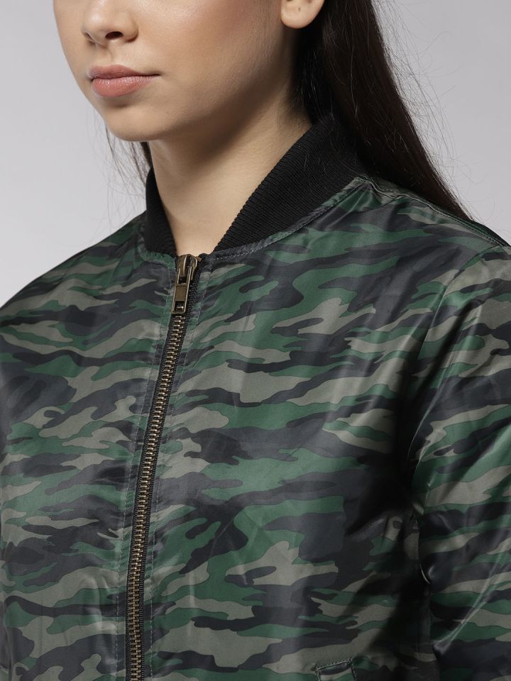 FOREVER 21 Women Black Green Camouflage Print Bomber Jacket