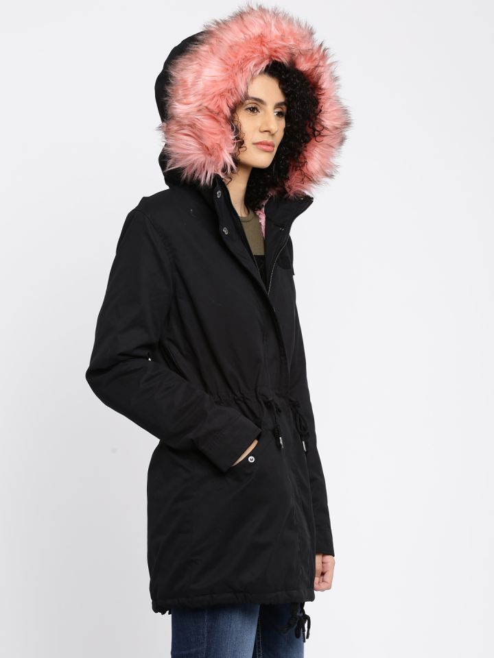 Only linette fur hood coat black hotsell