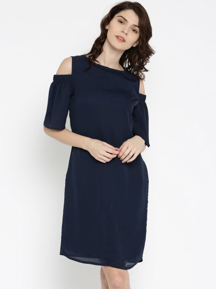 Miss Chase Women Navy Solid Cold Shoulder Dress