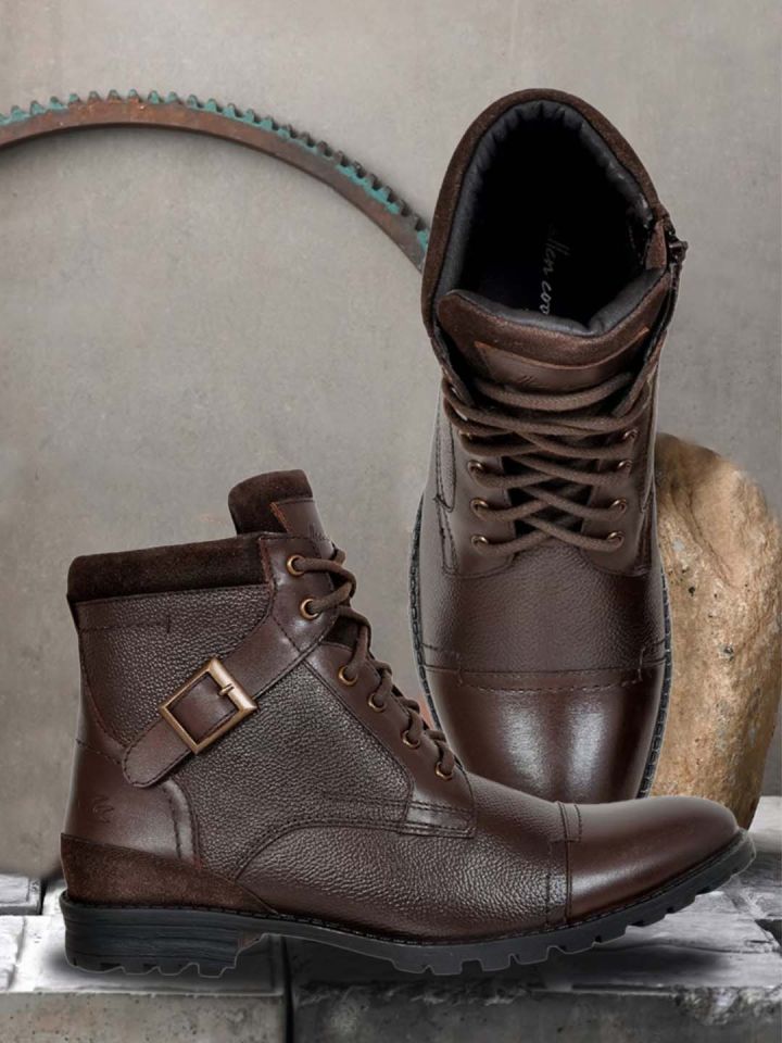 Buy Allen Cooper Men Brown Textured Leather High Top Flat Boots
