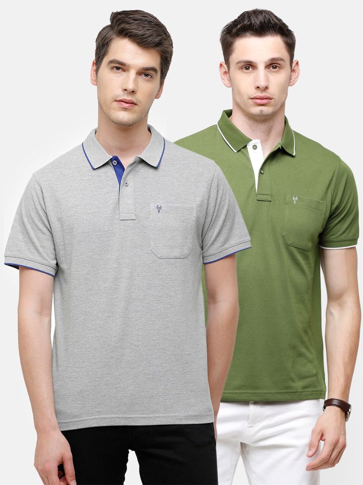 Buy Classic Polo Men Pack Of 2 Grey Green Polo Collar Pockets T