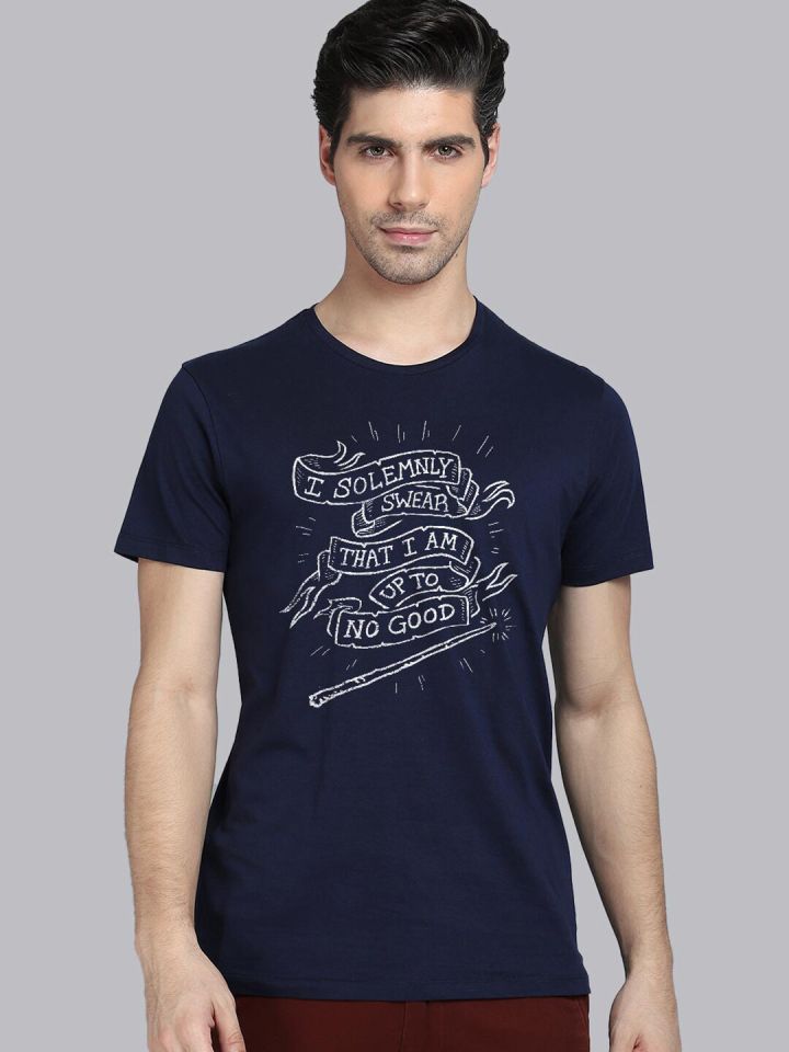 Free Authority Men Navy Blue White Harry Potter Printed Pure Cotton T shirt