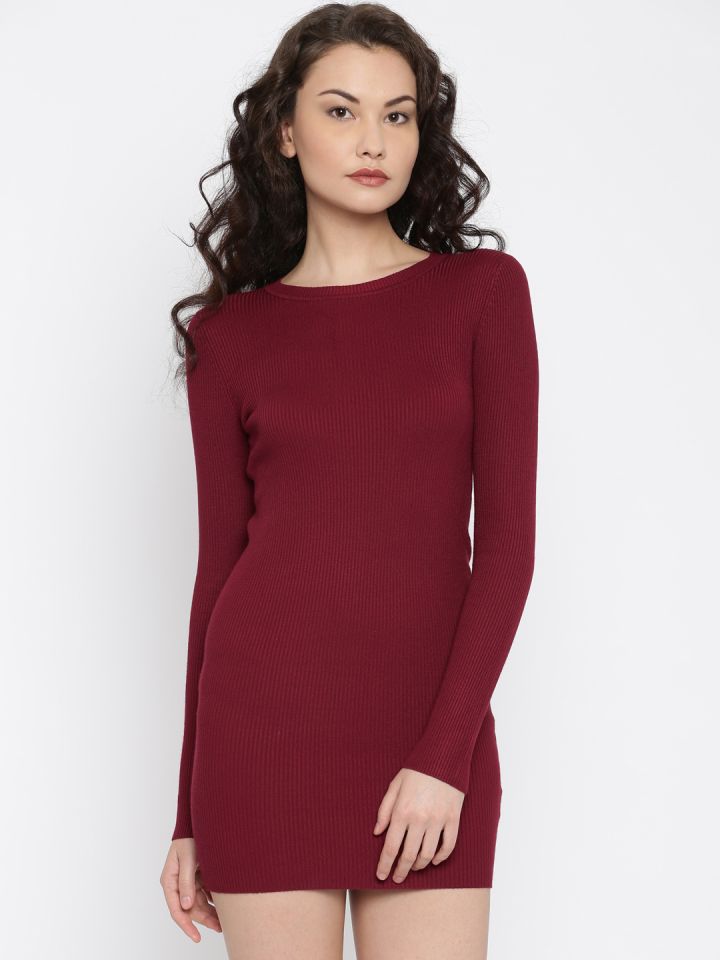 FOREVER 21 Women Burgundy Self Design Bodycon Dress