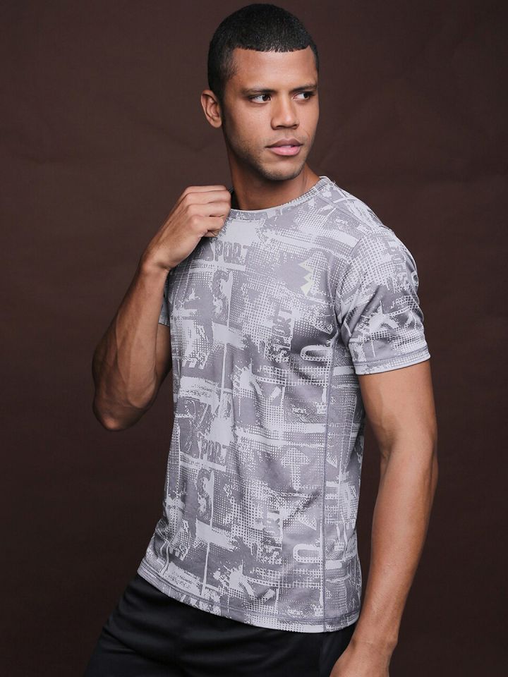 Buy Campus Sutra Men Grey Printed Henley Neck Dri FIT Raw Edge