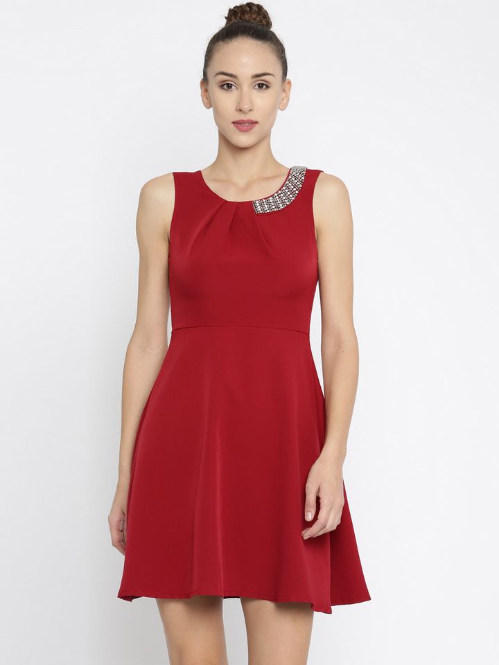 Jeans Women Maroon Solid Skater Dress 