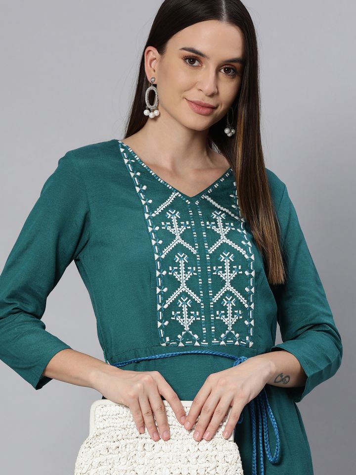 Global Desi Teal White Embroidered Basic Jumpsuit With Waist Tie Up