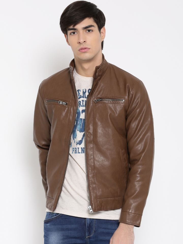 Buy SPYKAR Men Brown Faux Leather Biker Jacket Jackets for