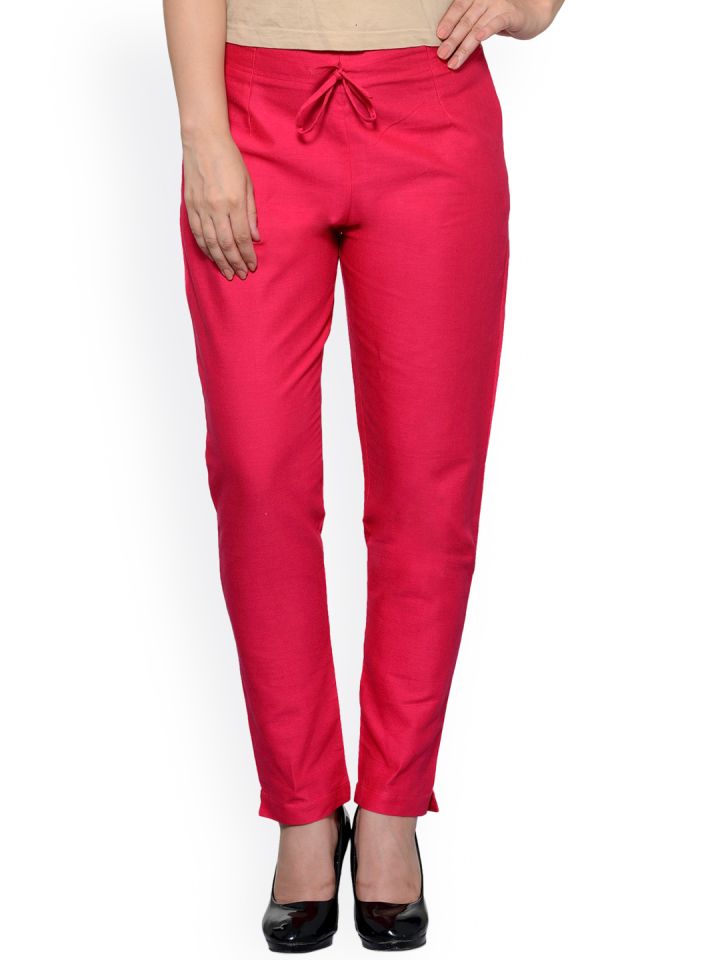 Buy Tulsattva Women Pink Solid Fit Flat Front Trousers Trousers