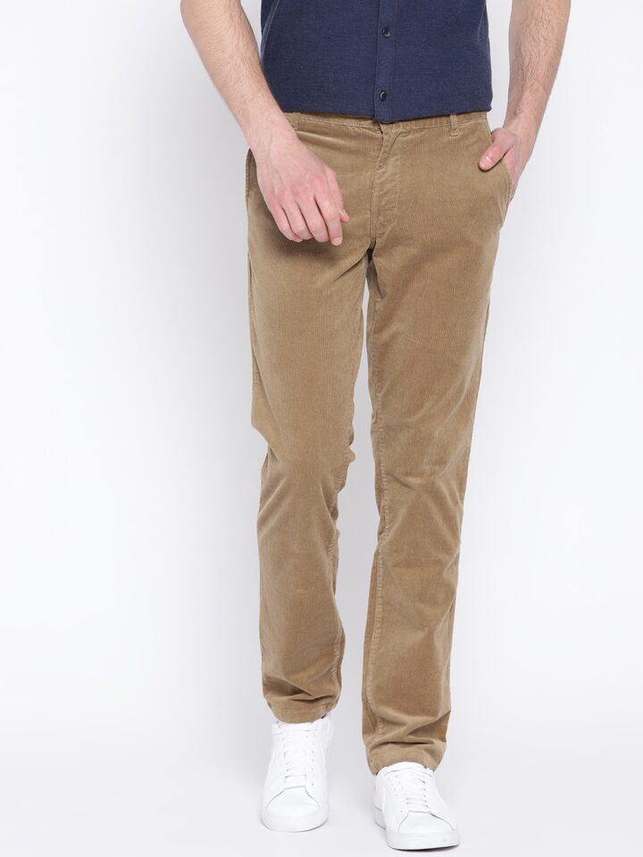Buy John Players Men Khaki Solid Slim Flat Front Corduroy Trousers   Trousers for Men 1673553  Myntra