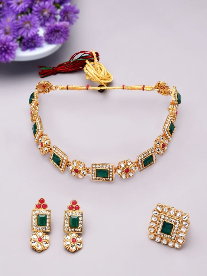 Zaveri Pearls Gold Plated Green Pink Kundan Studded Temple Jewellery Set