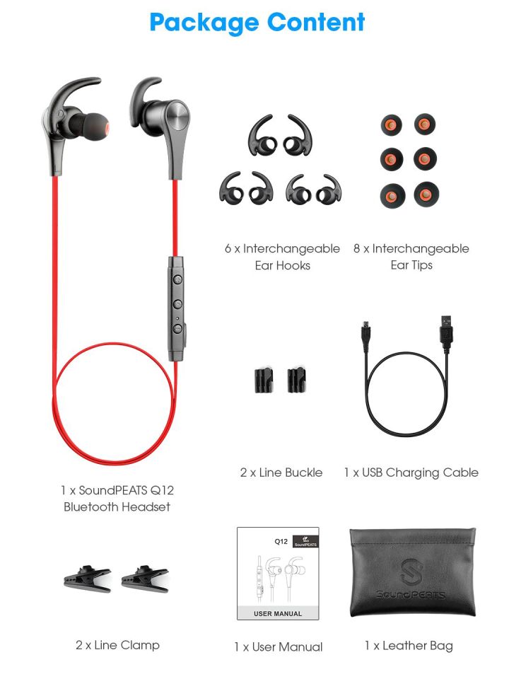 SoundPEATS Red Black Q12 Bluetooth 4.1 Wireless In Ear Earphones with Mic