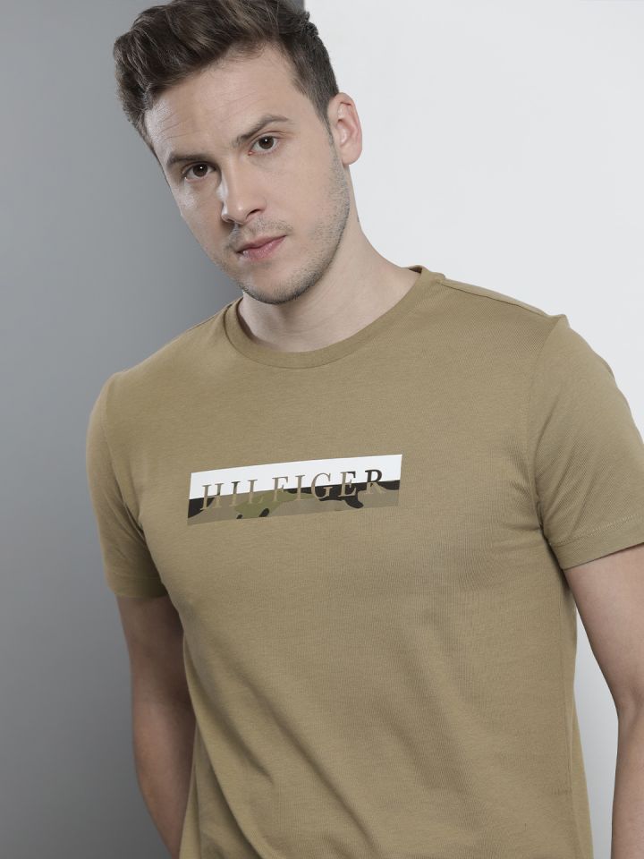 Tommy Hilfiger Men Olive Green White Printed T shirt