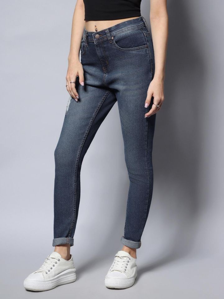 High Star Women Blue Slim Fit High Rise Low Distress Heavy Fade Acid Wash Stretchable Jeans