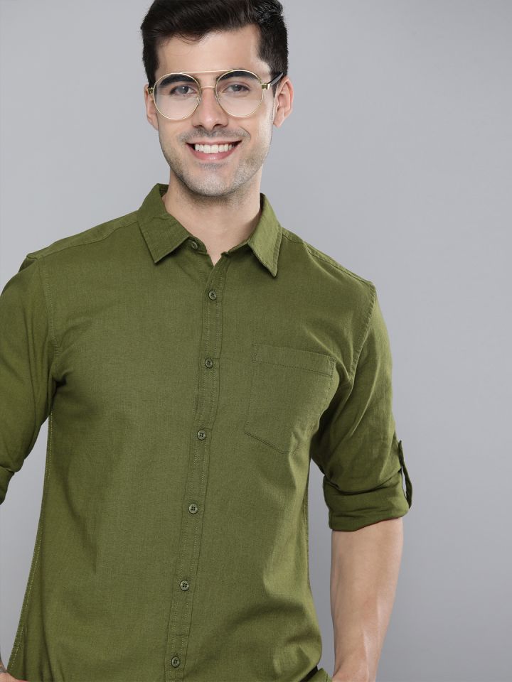 Buy HERE NOW Men Olive Green Solid Slim Fit Pure Cotton