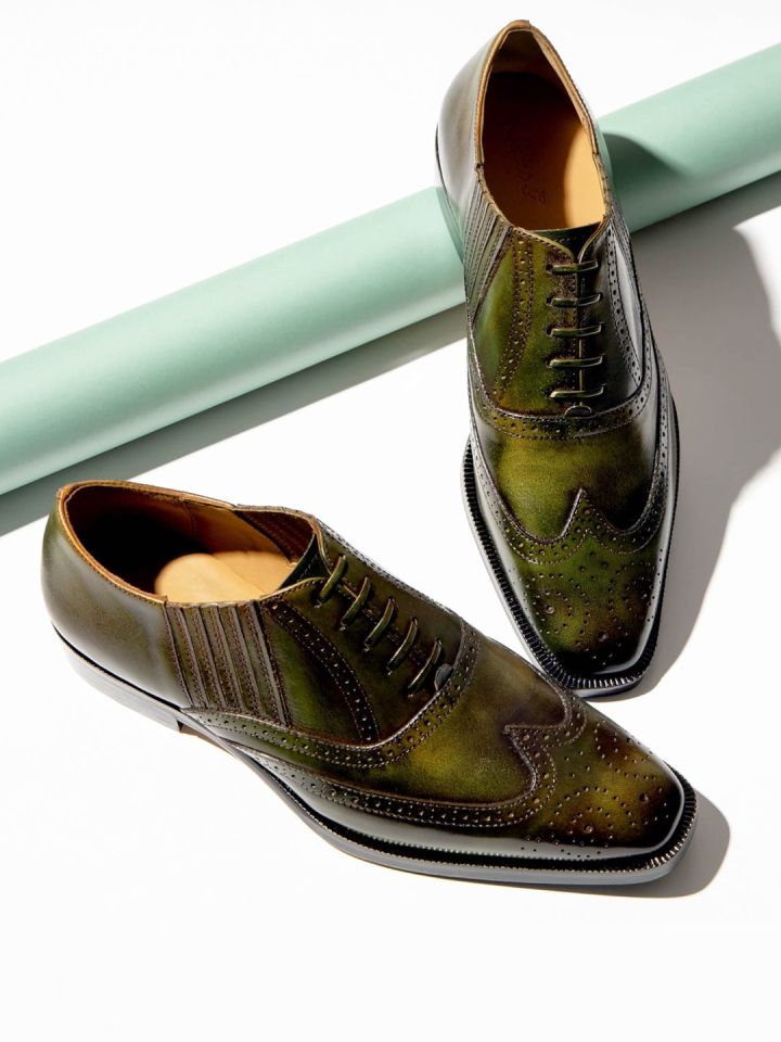 Saint G Men Olive Green Solid Leather Formal Brogues