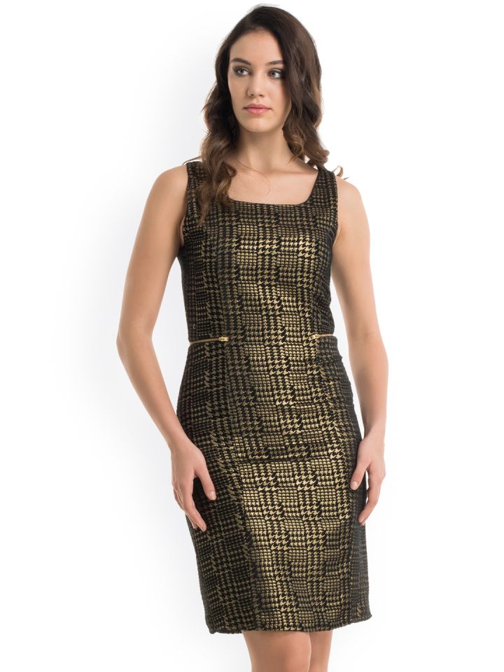 Buy Kazo Women Black Gold Toned Printed Sheath Dress Dresses