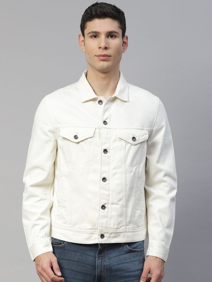 Marks Spencer Men Cream Coloured Pure Cotton Denim Jacket