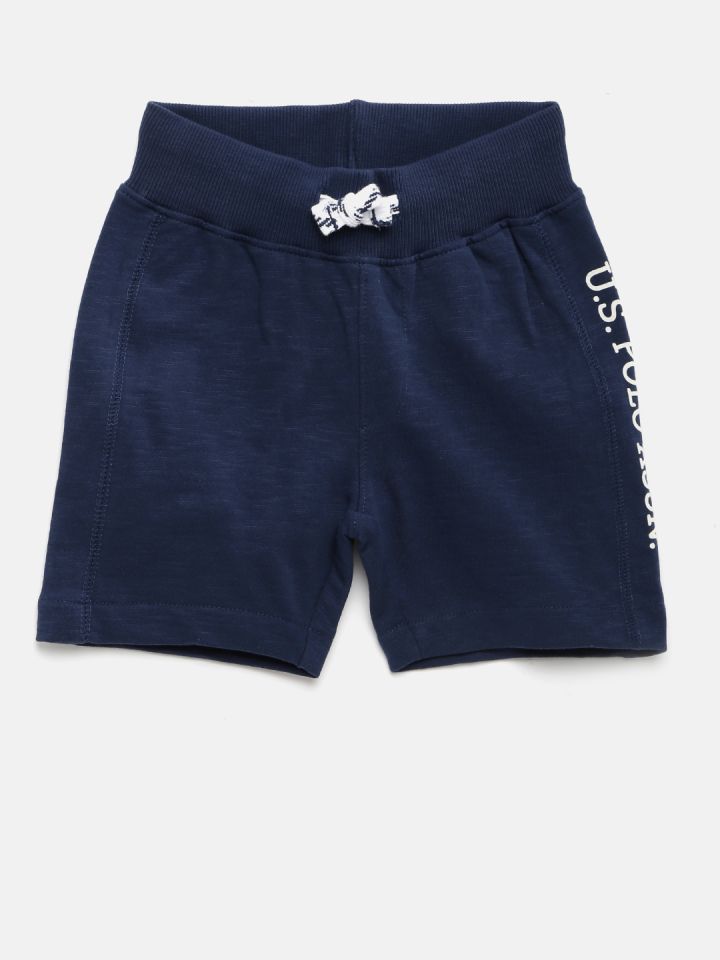 Navy Blue Knitted Printed Shorts For Kids