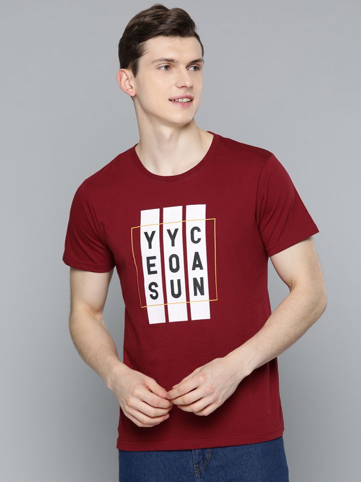 HERE NOW Men Maroon White Typography Printed T shirt