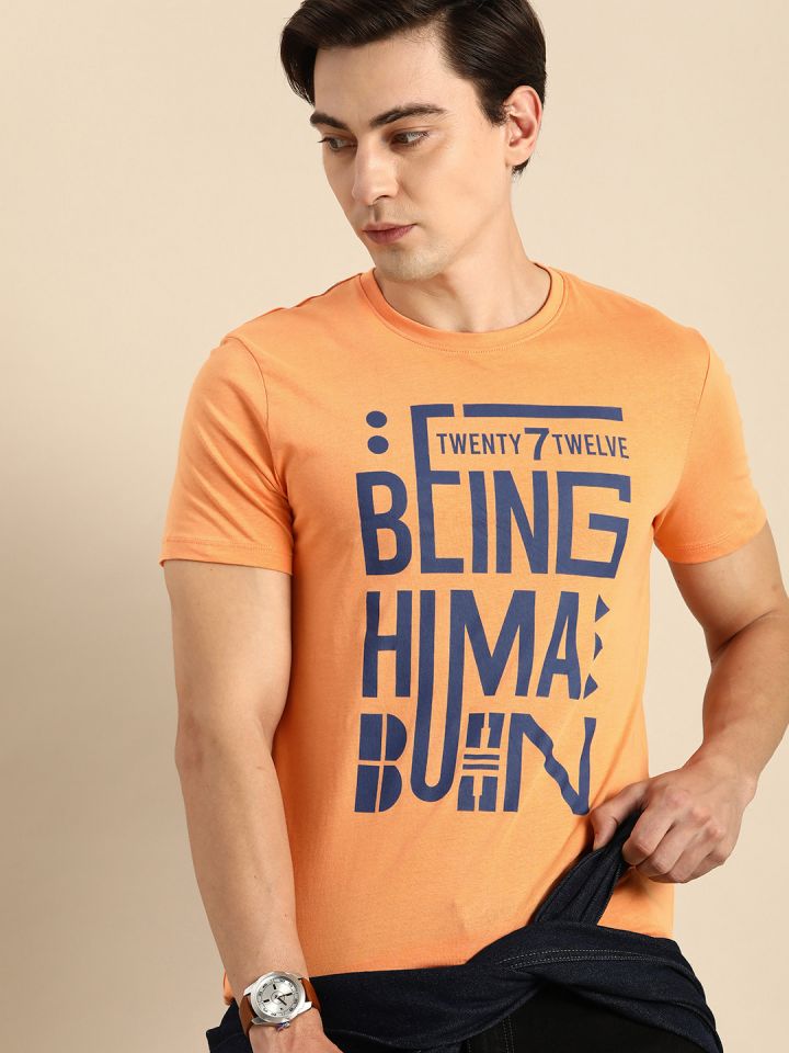 Buy Being Human Men Orange Blue Typography Printed Pure Cotton T