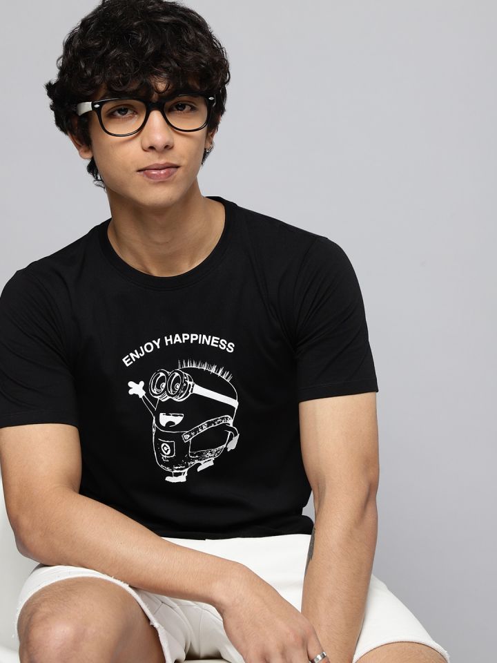 Minions by Kook N Keech Teens Boys Black White Cotton Minion Typography Printed T shirt