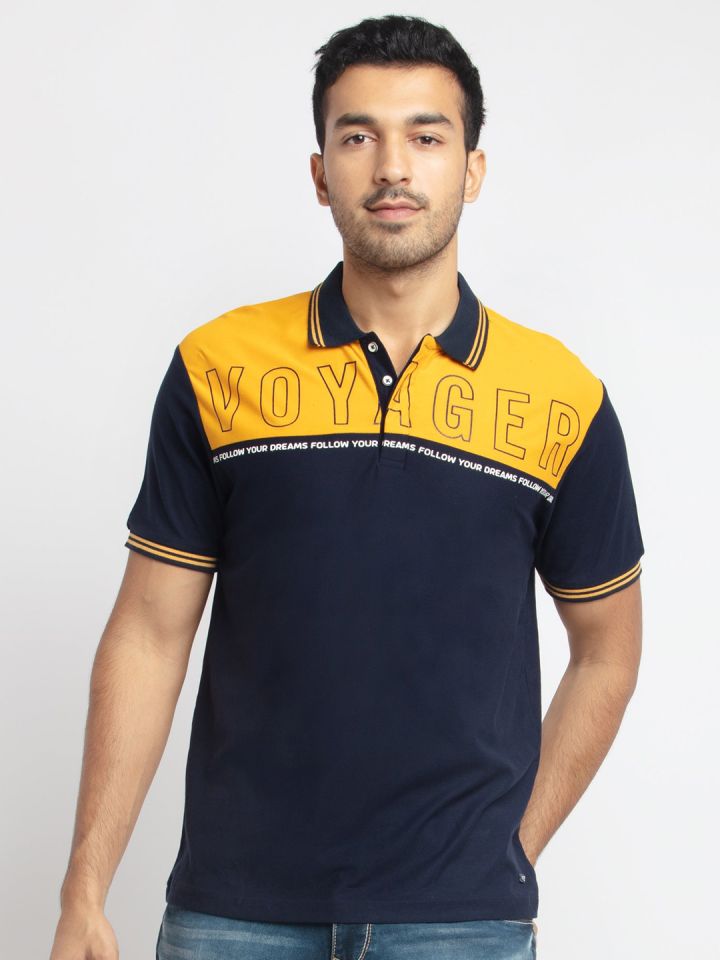 Buy Status Quo Men Navy Blue Yellow Colourblocked Polo Collar T