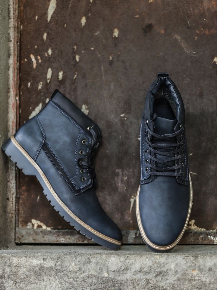 Roadster Men Navy Blue Solid High Top Flat Boots