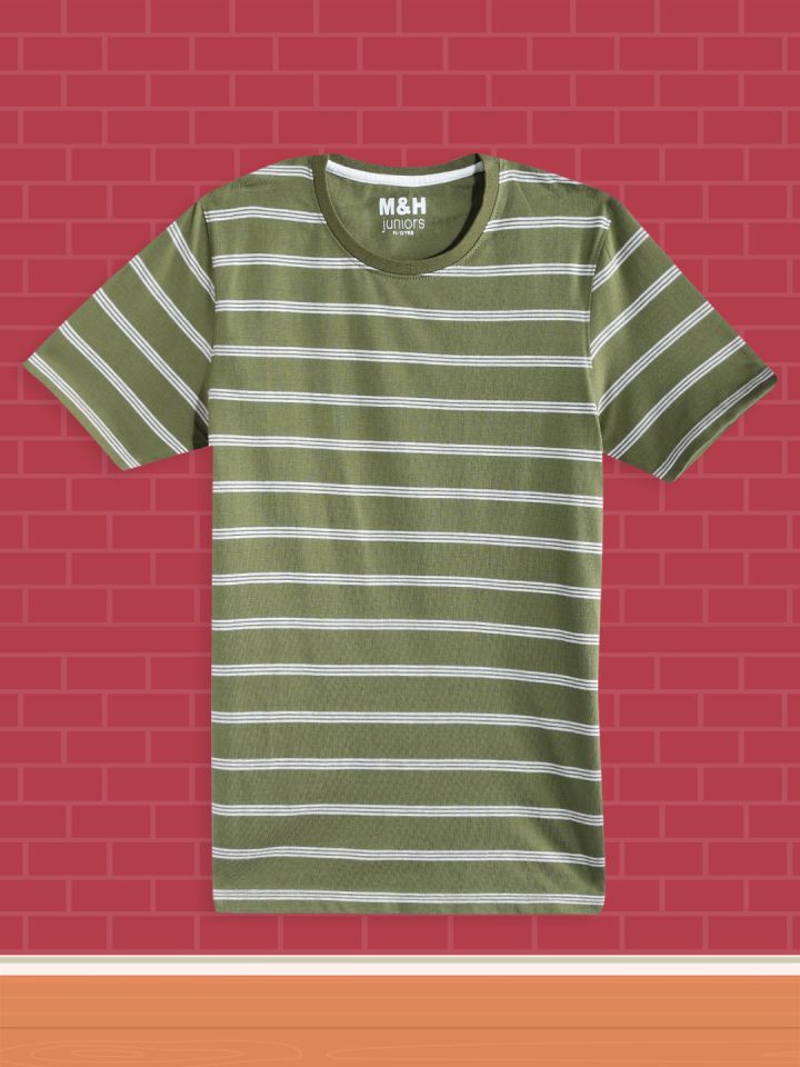 Buy M H Juniors Boys Olive Green White Striped Pure Cotton T