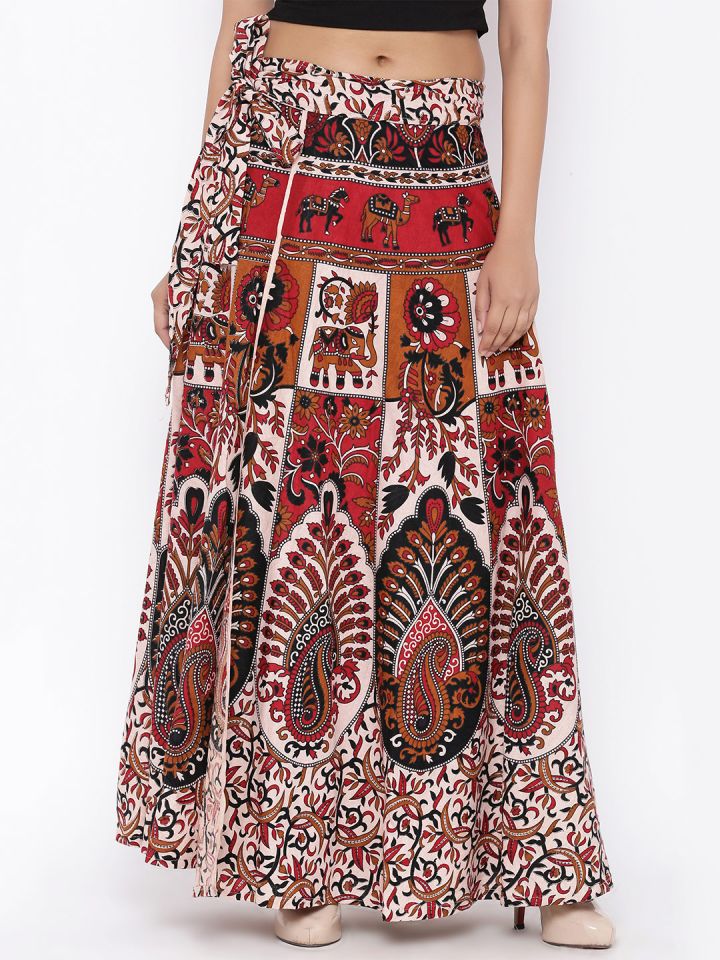 Buy SOUNDARYA Beige Red Ethnic Print Wrap Around Maxi Skirt
