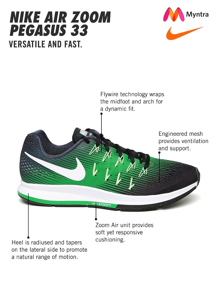 Engage Excessive enable Buy Nike Men Black & Green Air Zoom Pegasus 33 Running Shoes - Sports Shoes  for Men 1719372 | Myntra