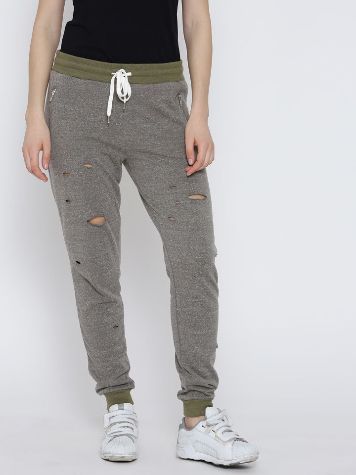 Buy FOREVER 21 Women Grey Melange Ripped Joggers Trousers for