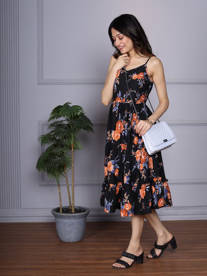 Black floral fit hot sale and flare dress