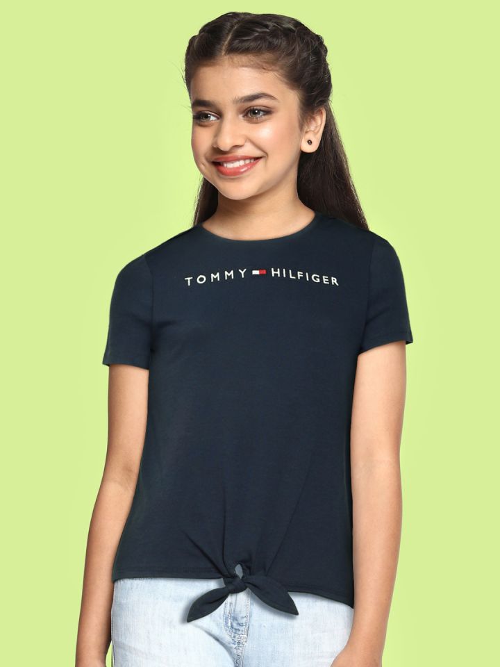 Buy Tommy Hilfiger Girls Blue Brand Logo Pure Cotton Regular Fit T