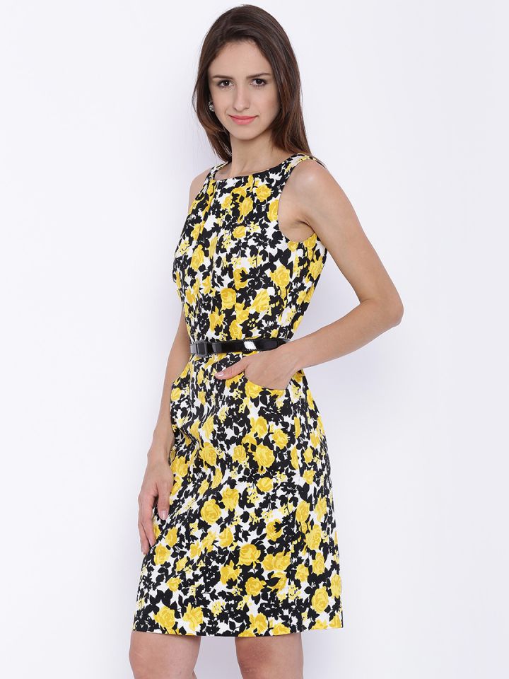 Avirate Women Yellow Black Printed Sheath Dress